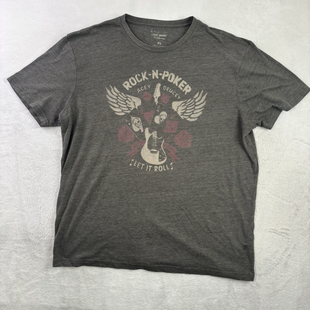 Lucky Brand Rock - N - Poker Let it Roll Grey SS Graphic Shirt Men's XL